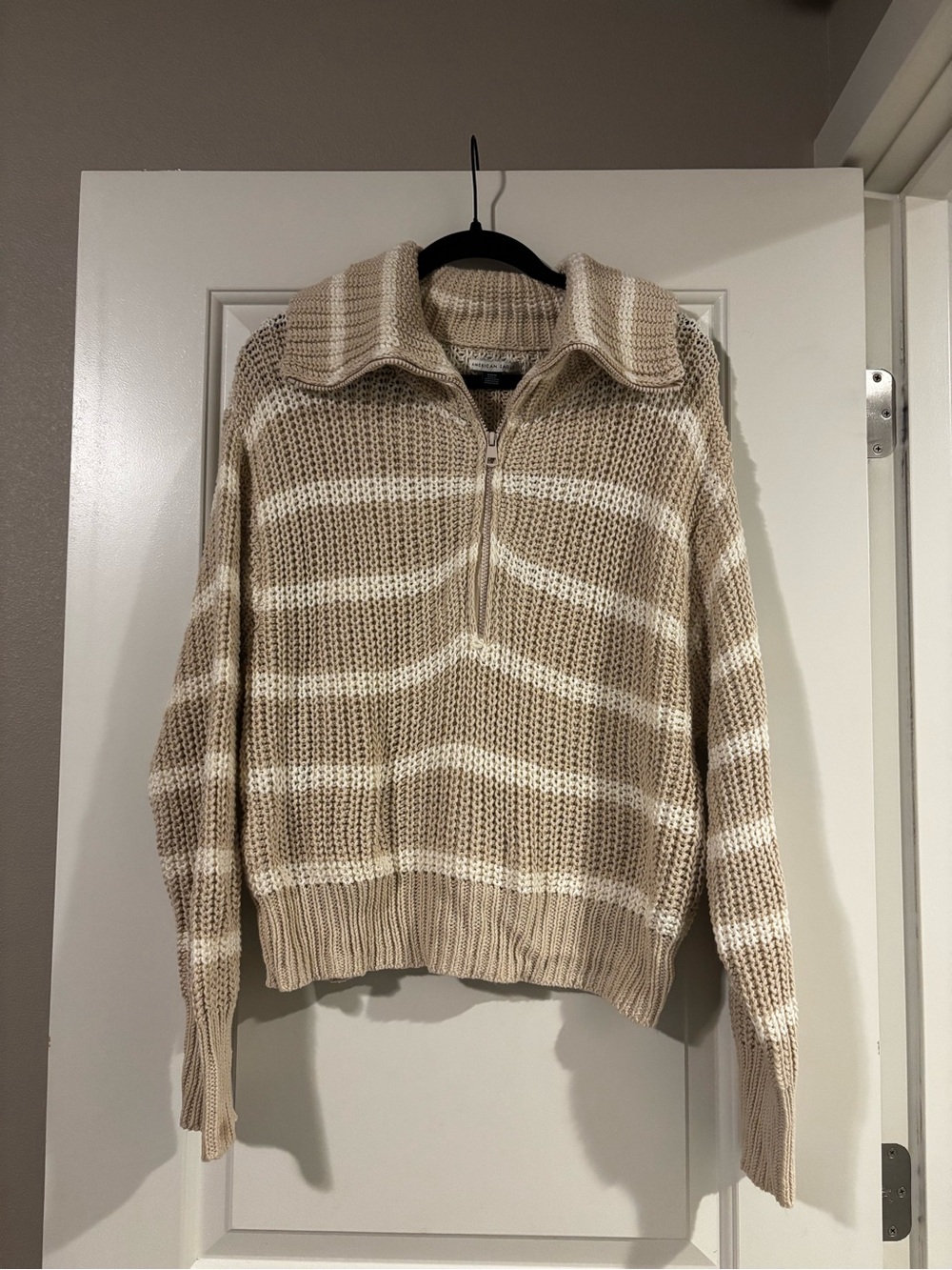 American Eagle Outfitters Cream & Beige Striped Half-Zip Cowl Sweater